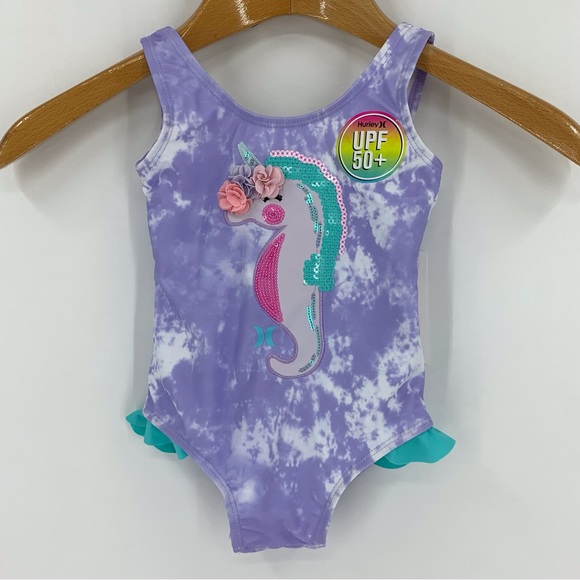 Hurley NWT Baby Girl Purple Tie Dye Unicorn Ruffle Leg One Piece Swim Suit, 24M - Picture 12 of 15